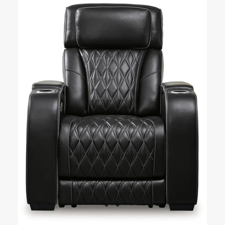 Black Leather Power Reclining Living Room Set with Adjustable Headrest