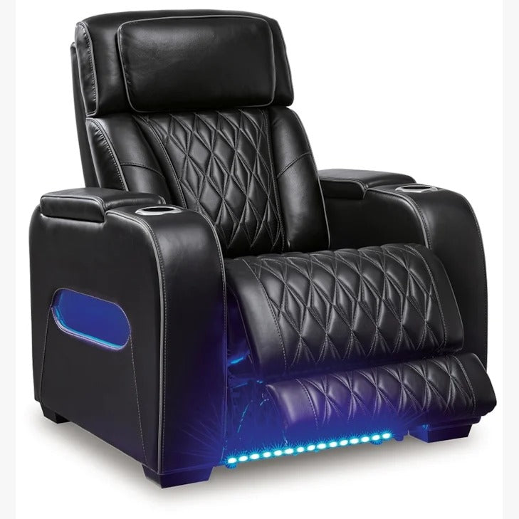 Black Leather Power Reclining Living Room Set with Adjustable Headrest