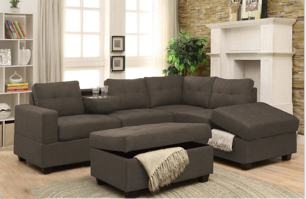 Modern Sectional Sofa with Storage Chaise &amp; Ottoman – Stone Fabric
