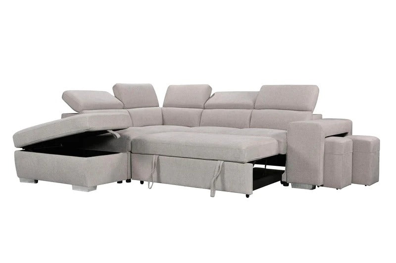 Convertible Sleeper Sectional Sofa with Storage Ottoman, Pull-Out Bed &amp; Hidden Stools