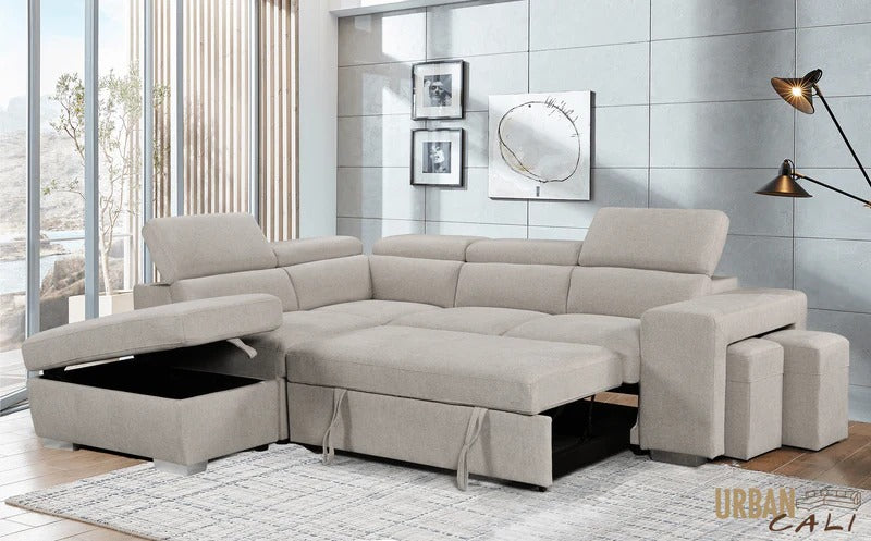 Convertible Sleeper Sectional Sofa with Storage Ottoman, Pull-Out Bed &amp;amp; Hidden Stools Sleep comfy