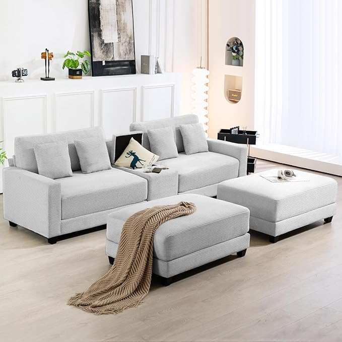 Sectional Sofa with Console Cup Holders &amp; Ottomans Sleep comfy