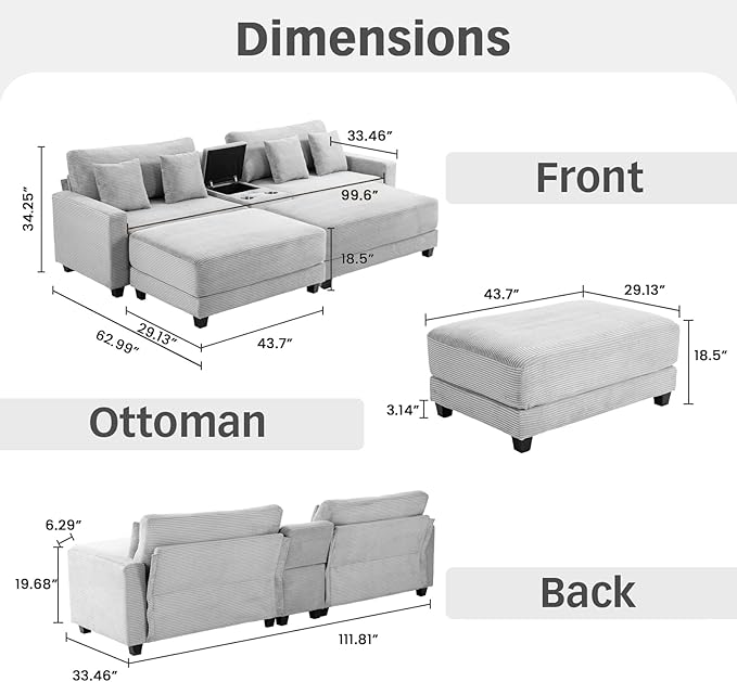 Sectional Sofa with Console Cup Holders &amp; Ottomans Sleep comfy