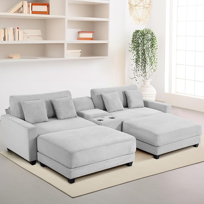 Sectional Sofa with Console Cup Holders &amp; Ottomans Sleep comfy