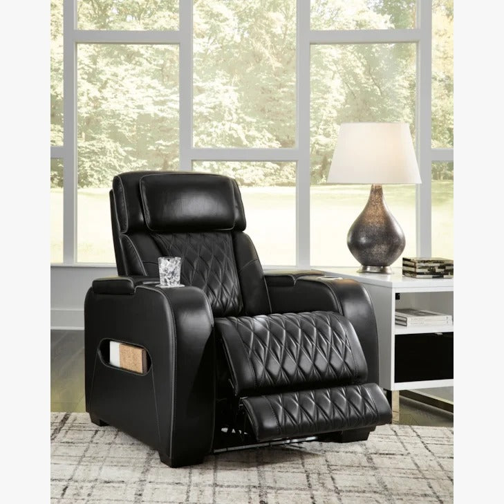 Black Leather Power Reclining Living Room Set with Adjustable Headrest