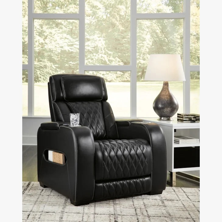 Black Leather Power Reclining Living Room Set with Adjustable Headrest