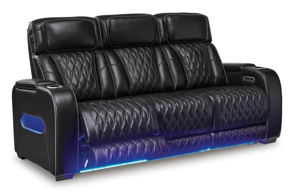 Black Leather Power Reclining Living Room Set with Adjustable Headrest