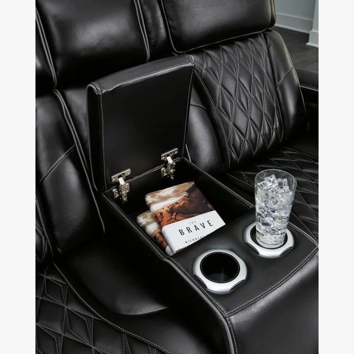 Black Leather Power Reclining Living Room Set with Adjustable Headrest