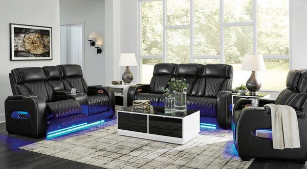 Black Leather Power Reclining Living Room Set with Adjustable Headrest