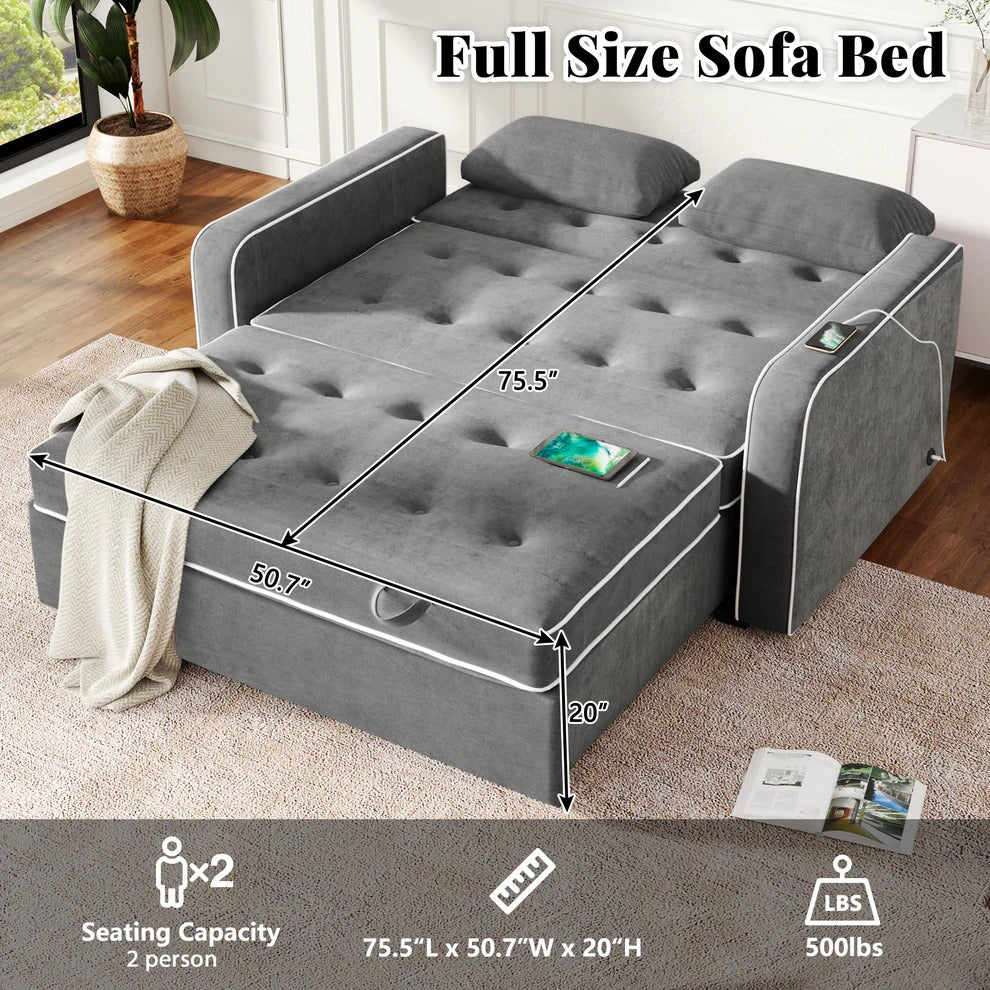 Grey Convertible Sofa Bed with Pull-Out Sleeper