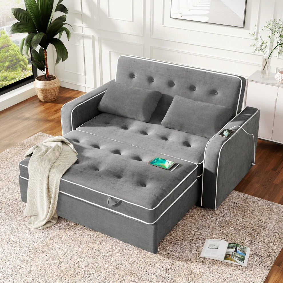 Grey Convertible Sofa Bed with Pull-Out Sleeper