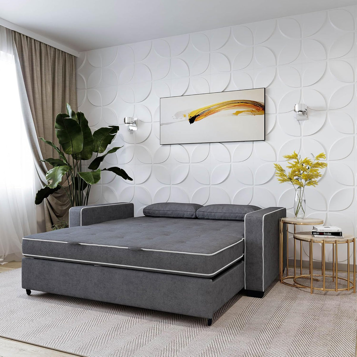 Grey Convertible Sofa Bed with Pull-Out Sleeper