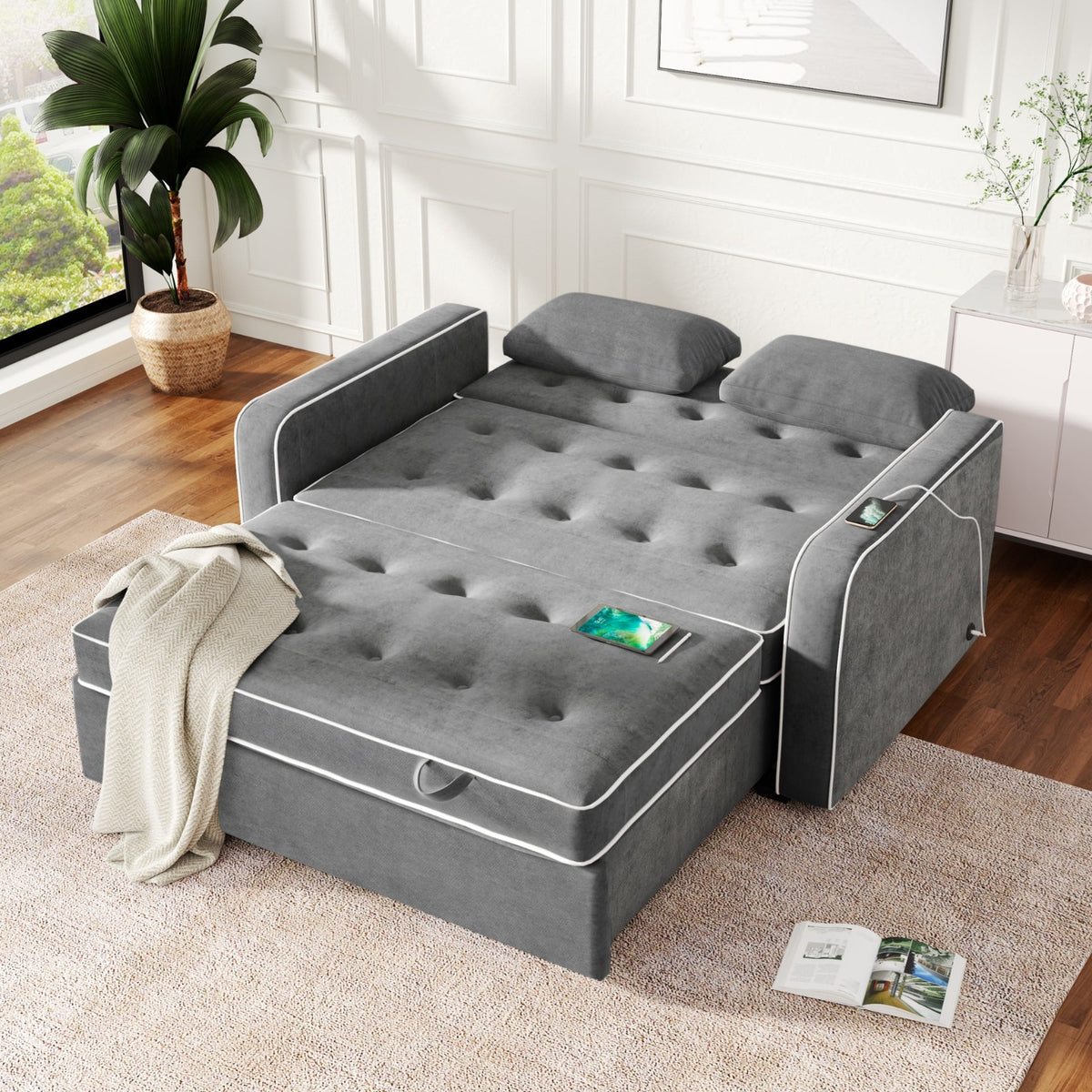 Grey Convertible Sofa Bed with Pull-Out Sleeper