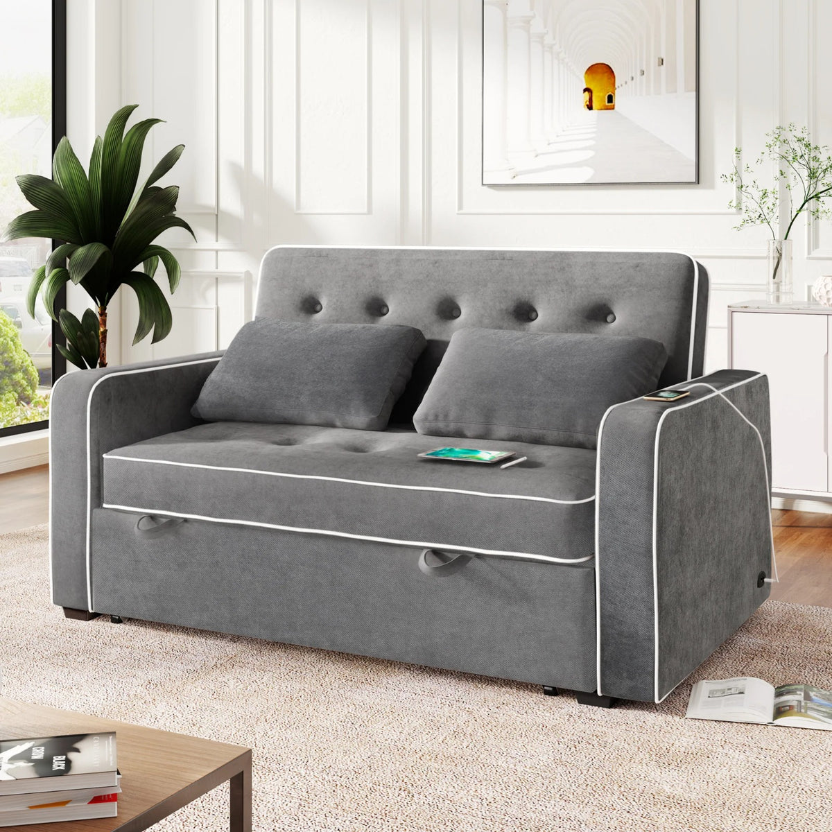 Grey Convertible Sofa Bed with Pull-Out Sleeper