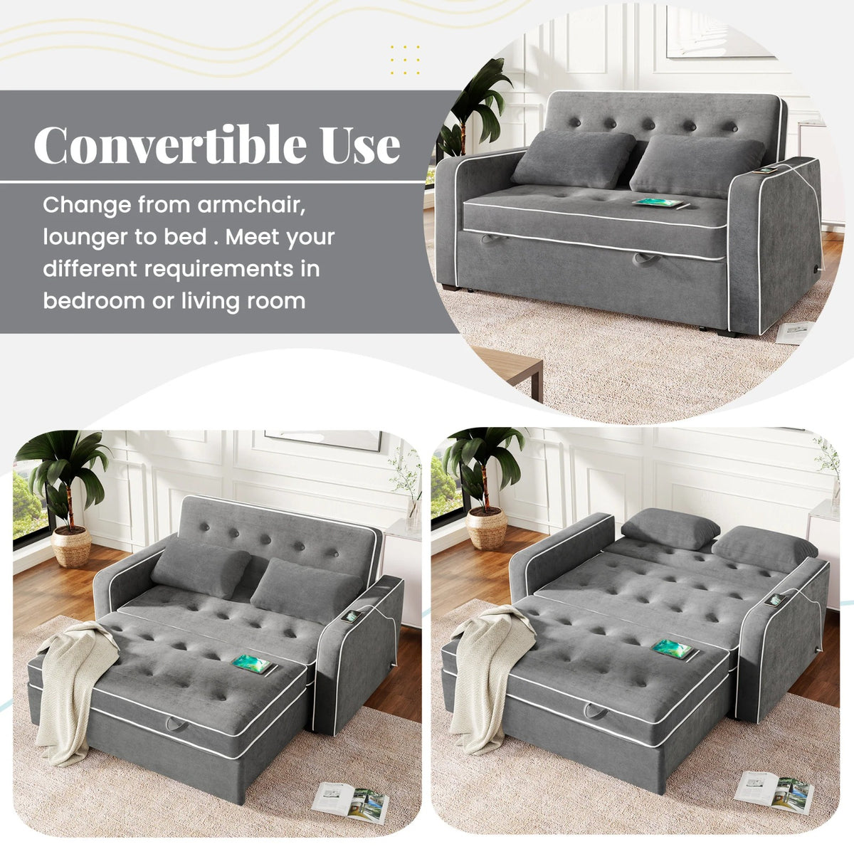 Grey Convertible Sofa Bed with Pull-Out Sleeper