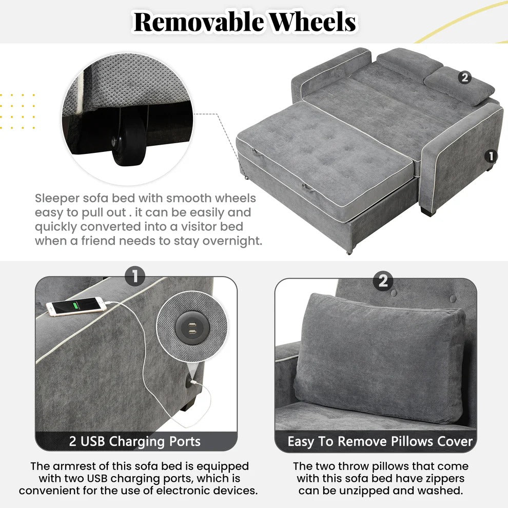 Grey Convertible Sofa Bed with Pull-Out Sleeper